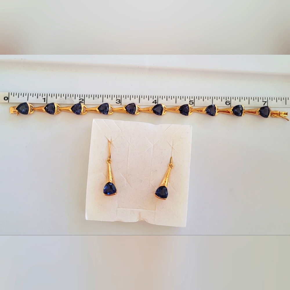 Vermeil Gold Over 925 Drop Earrings & Bracelet Set with Large Blue Stones